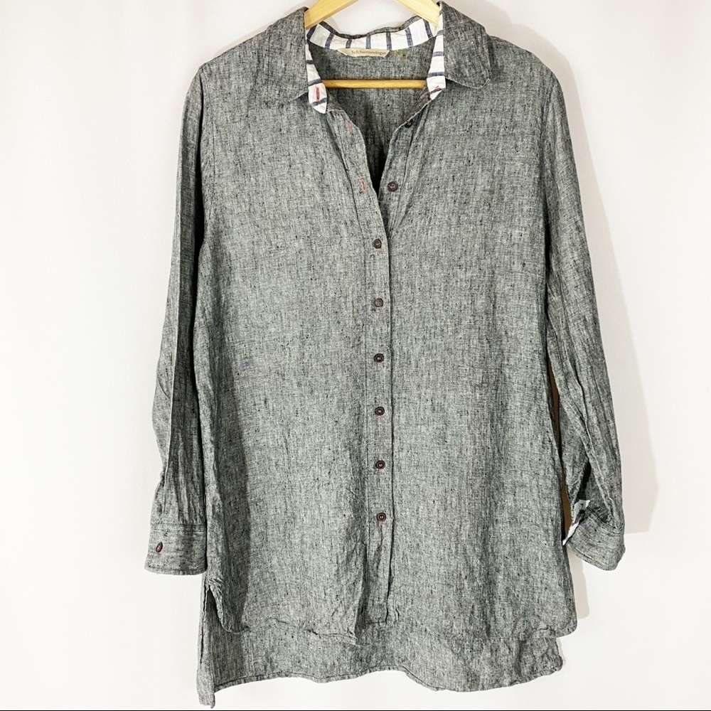 Soft Surroundings 100%‎ Linen Lagenlook Grey Button Up Tunic Shirt